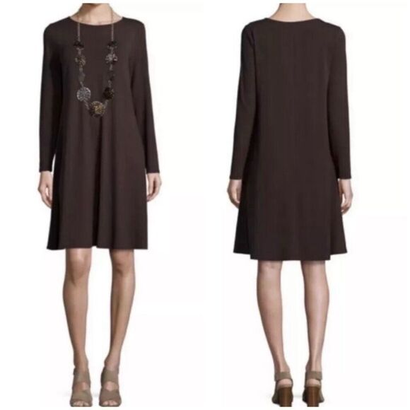 Eileen Fisher 1X Brown Viscose Jersey Shift Dress Long Sleeve - Picture 7 of 7